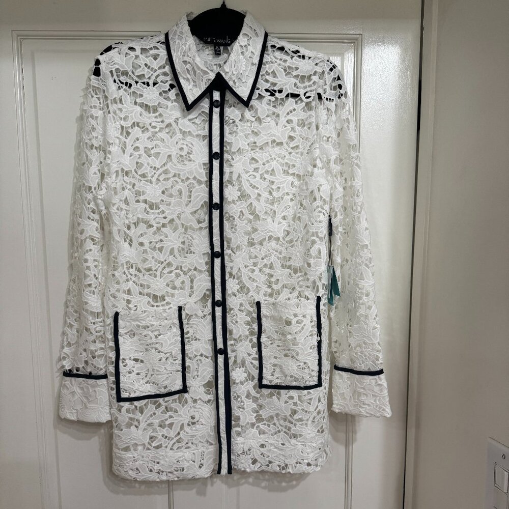 SALE New w Tags Ming Wang Beautiful White Lace Jacket w Black Piping sz S/M